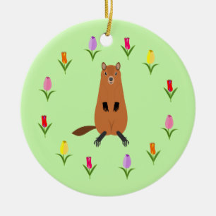 Cute Groundhog and Tulip Flowers Ceramic Tree Decoration