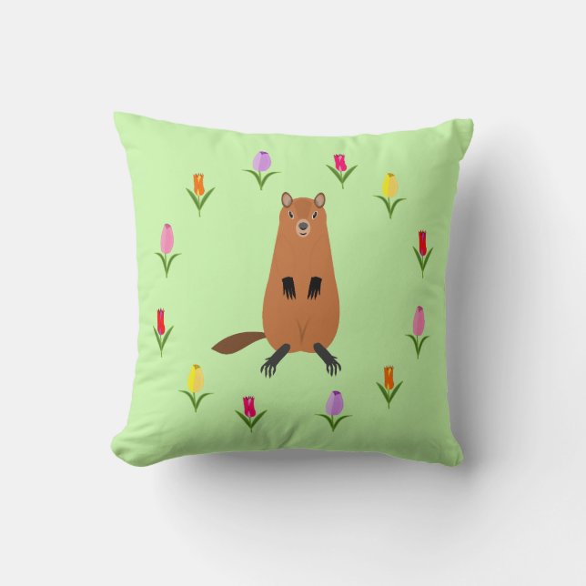 Cute Groundhog and Tulip Flowers Cushion (Front)