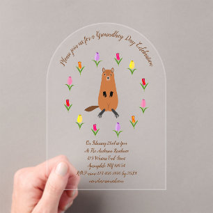 Cute Groundhog and Tulip Flowers Custom Acrylic Invitations