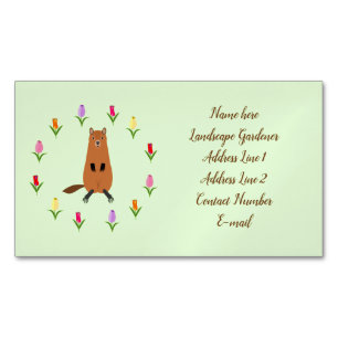 Cute Groundhog and Tulip Flowers Custom Gardener Magnetic Business Card