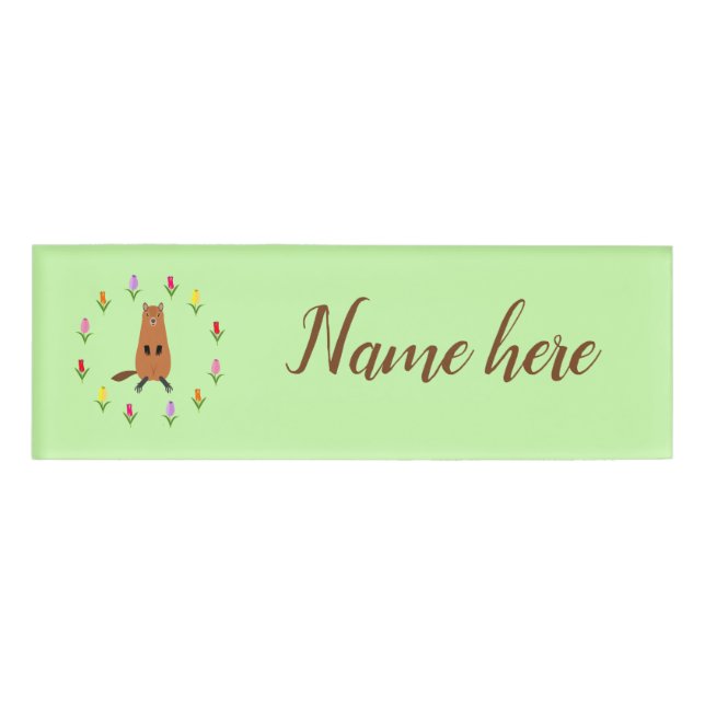 Cute Groundhog and Tulip Flowers Custom Name Tag (Front)