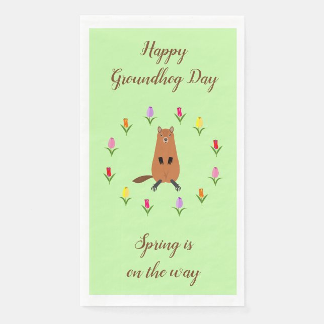 Cute Groundhog and Tulip Flowers Custom Napkin (Front)