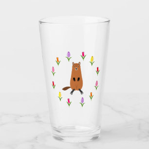 Cute Groundhog and Tulip Flowers Glass