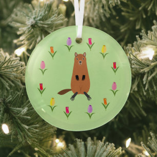 Cute Groundhog and Tulip Flowers Glass Tree Decoration