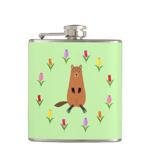 Cute Groundhog and Tulip Flowers Hip Flask