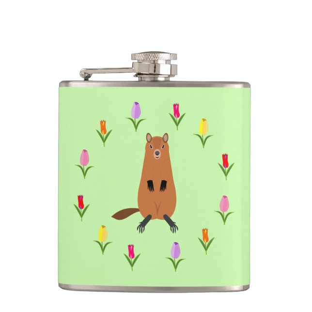 Cute Groundhog and Tulip Flowers Hip Flask (Front)
