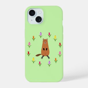 Cute Groundhog and Tulip Flowers iPhone 15 Case