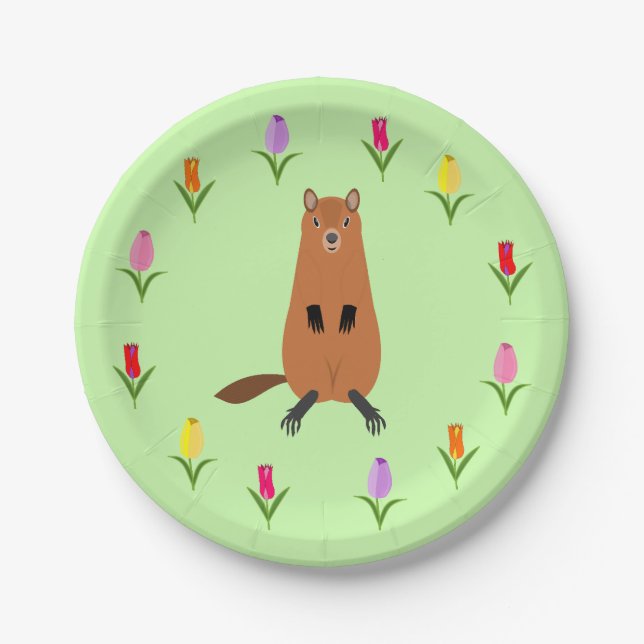 Cute Groundhog and Tulip Flowers Paper Plate (Front)