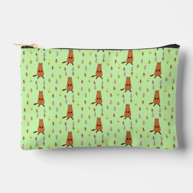 Cute Groundhog and Tulip Flowers Patterned Accessory Pouch (Front)