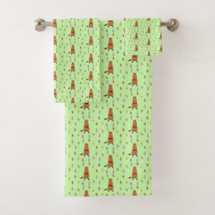 Cute Groundhog and Tulip Flowers Patterned Bath Towel Set