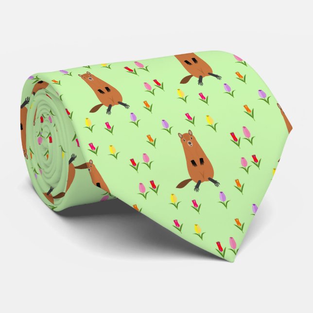 Cute Groundhog and Tulip Flowers Patterned Tie (Rolled)