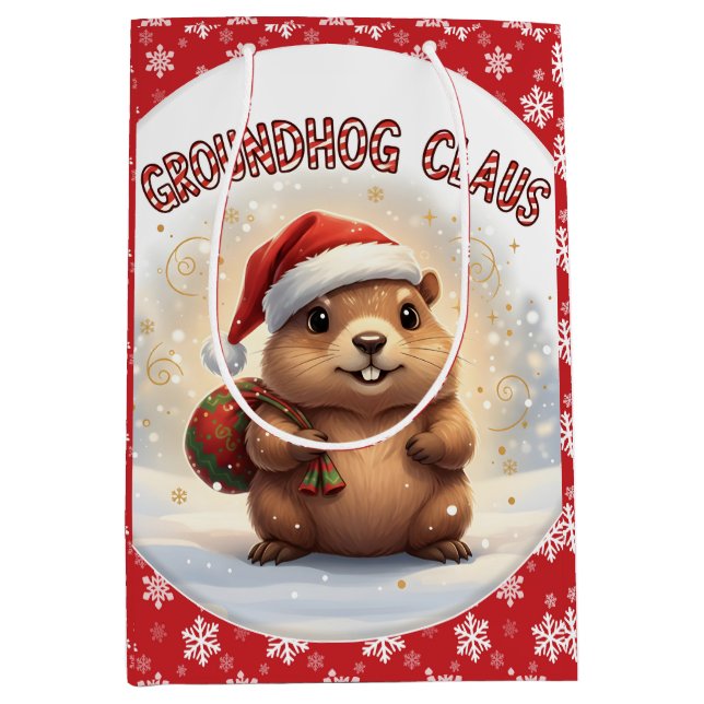 Cute Groundhog Claus Funny Groundhog Christmas Medium Gift Bag (Front)