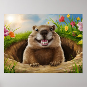 Cute Groundhog Smiling While Emerging  Poster