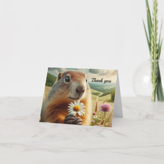 Cute Groundhog with a Daisy Folded Thank You Card (Front)