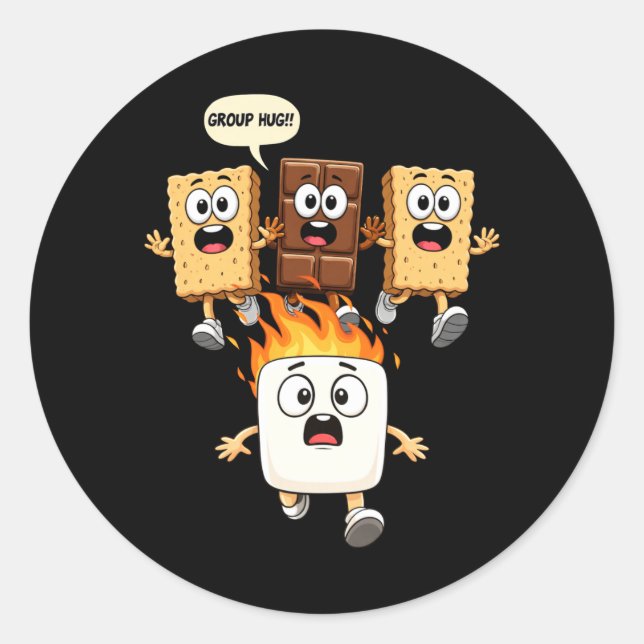 Cute Group Hug Marshmallow Campfire Smores Funny Classic Round Sticker (Front)