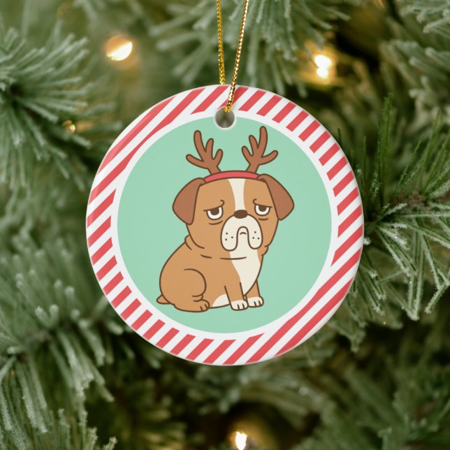 Cute Grumpy Bulldog With Reindeer Hairband Ceramic Tree Decoration (Tree)