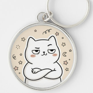 Cute Grumpy White Cat Kawaii Round Keychain