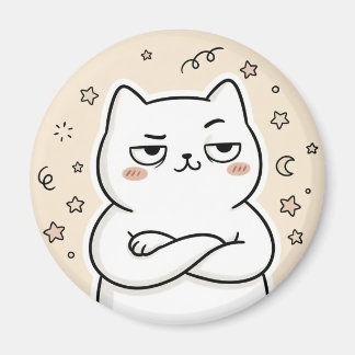 Cute Grumpy White Cat Kawaii Round Magnet