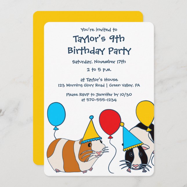Cute Guinea Pig and Balloons Birthday Party Invitation (Front/Back)