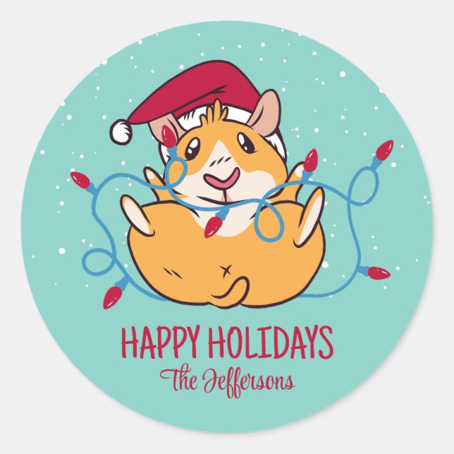 Cute Guinea Pig Christmas Snowy Winter Holiday Classic Round Sticker (Front)