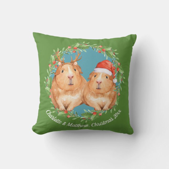 Cute Guinea Pig Couple Christmas Wreath Cushion (Front)