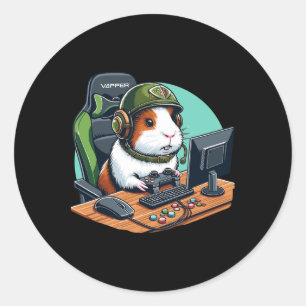Cute Guinea Pig Gamer Playing Video Game Wildlife  Classic Round Sticker