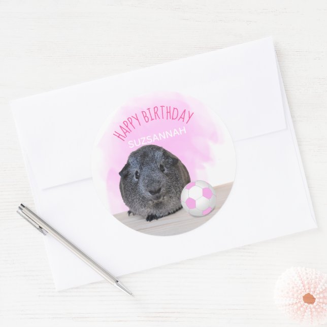 Cute Guinea Pig Pink Soccer Ball Custom Birthday Classic Round Sticker (Envelope)