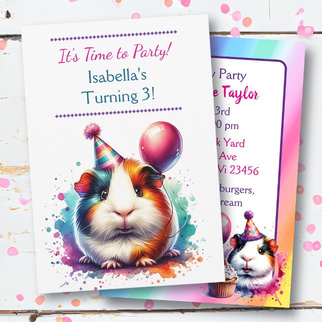 Cute Guinea Pig Themed Girl's Birthday Party Invitation (Creator Uploaded)