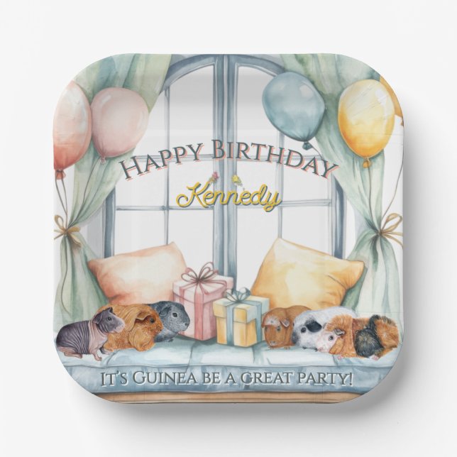 Cute Guinea Pig Watercolor Birthday Party Paper Plate (Front)