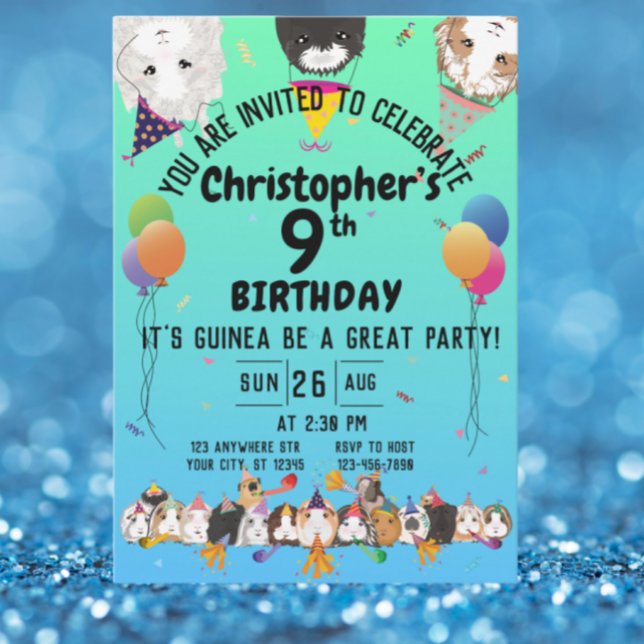 Cute Guinea Pigs & Balloons Birthday Party Invitation (Creator Uploaded)