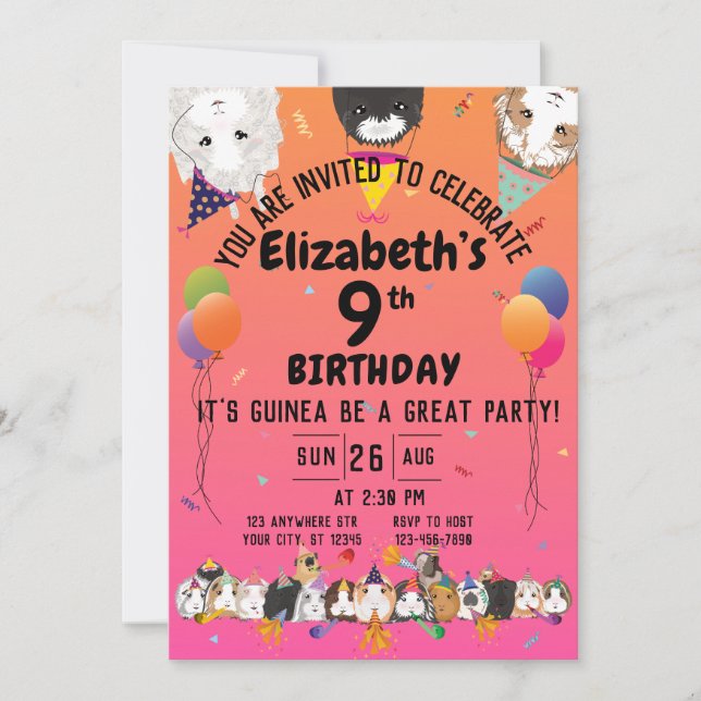 Cute Guinea Pigs & Balloons Birthday Party Invitation (Front)