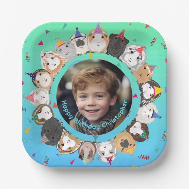 Cute Guinea Pigs Birthday Party GREEN-BLUE Paper Plate (Front)