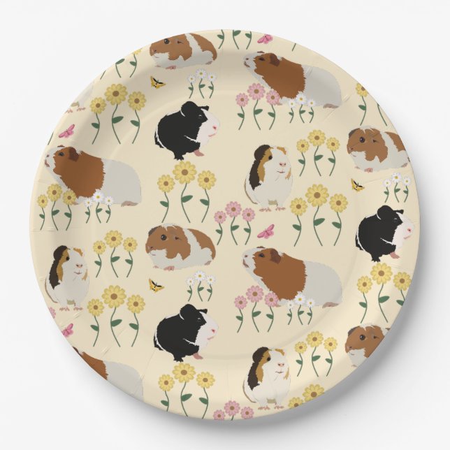 Cute Guinea Pigs In Flower Garden Pattern - Yellow Paper Plate (Front)