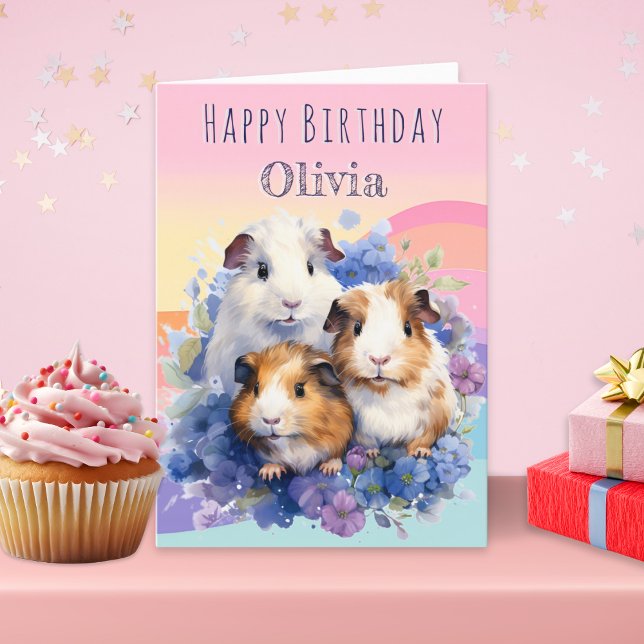 Cute Guinea Pigs Pretty Personalised Birthday Card (A personalized birthday card with an illustration of three adorable guinea pigs)