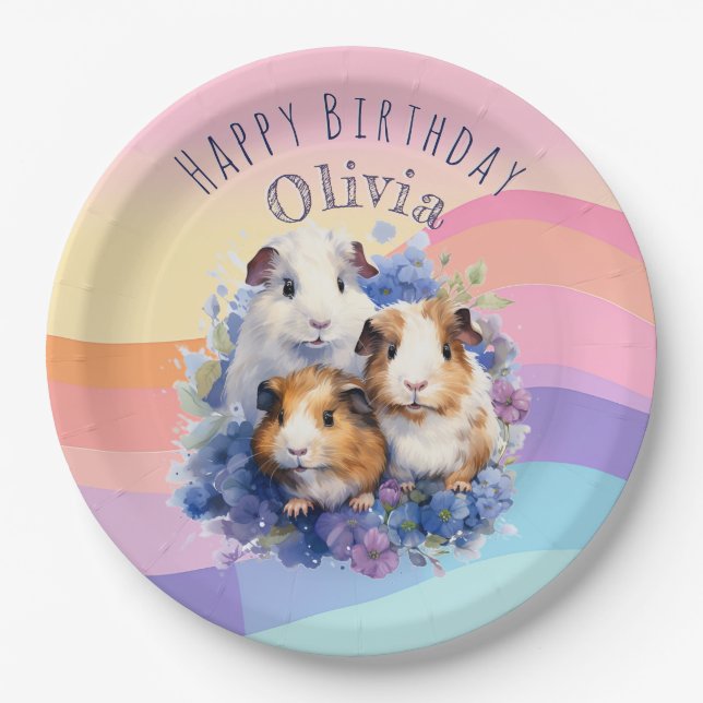 Cute Guinea Pigs Pretty Picture Happy Birthday Paper Plate (Front)