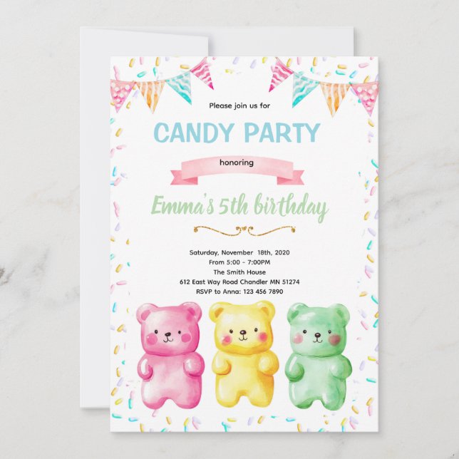 Cute gummy bear party theme invitation (Front)