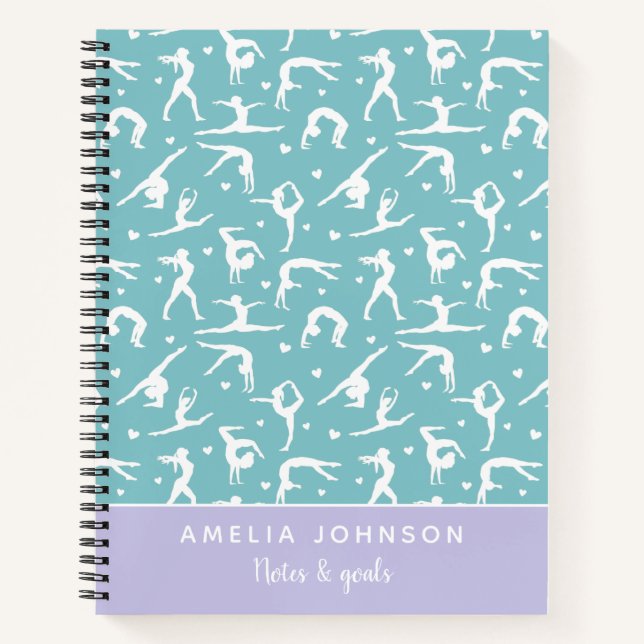 Cute Gymnast Teal Custom Name Modern Notebook (Front)