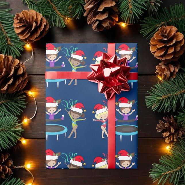 Cute Gymnastics Christmas Gymnast Girls Blue Wrapping Paper (Creator Uploaded)