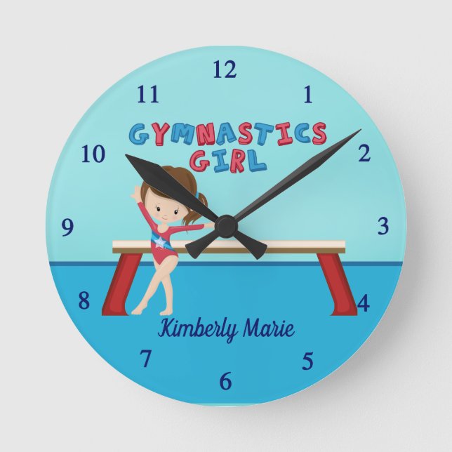 Cute Gymnastics Girl Custom Kids Gymnast Bedroom Round Clock (Front)