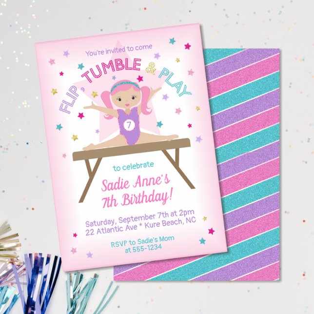 Cute Gymnastics Pink Hair Jump Birthday Party Invitation (Creator Uploaded)