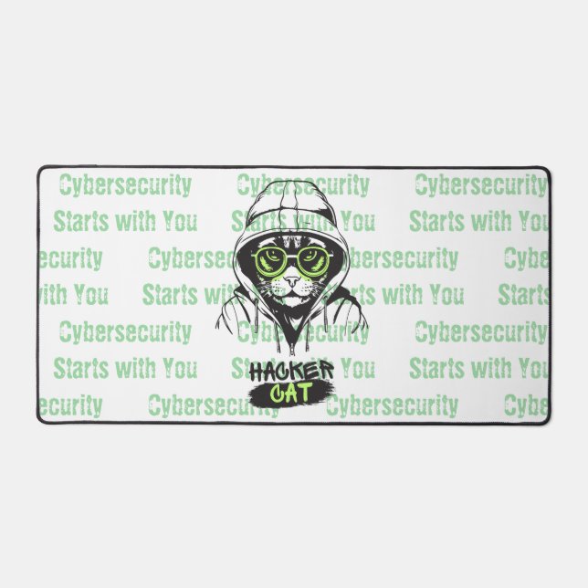 Cute Hacker Cat Illustration – Cybersecurity gift Desk Mat (Front)