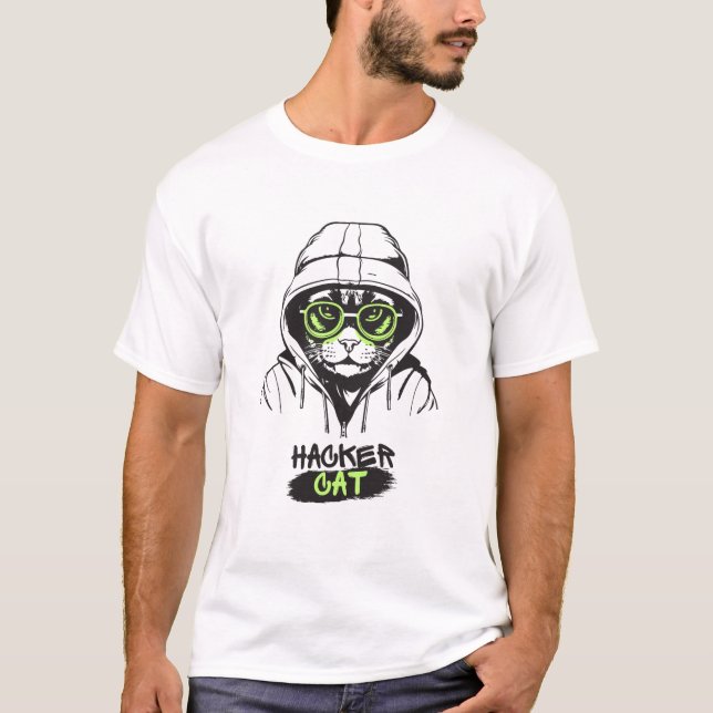 Cute Hacker Cat Illustration – Cybersecurity gift T-Shirt (Front)
