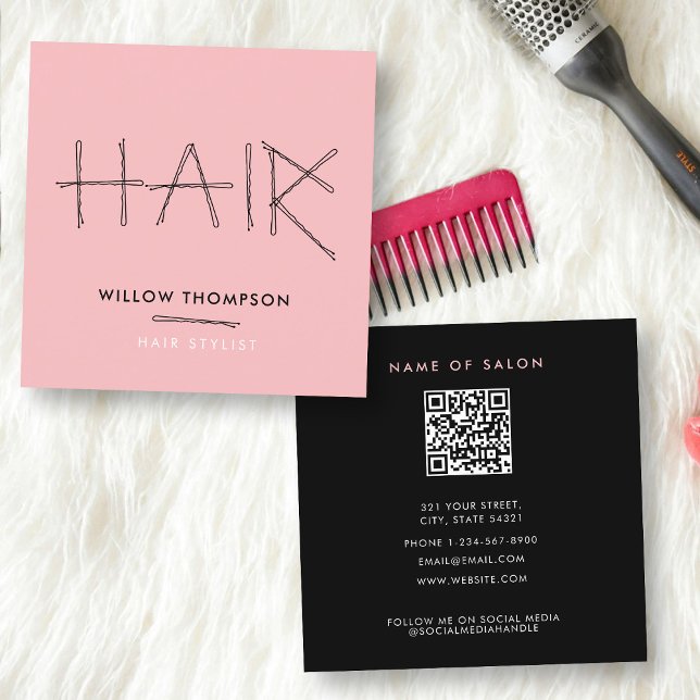 Cute Hairdresser Black Pink Bobby Pins Hair  Square Business Card (Cute Hairdresser Black Pink Bobby Pins Hair Square Business Card)