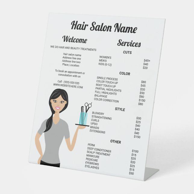 Cute Hairdresser Woman Drawing Hair Salon Menu Pedestal Sign (Front)