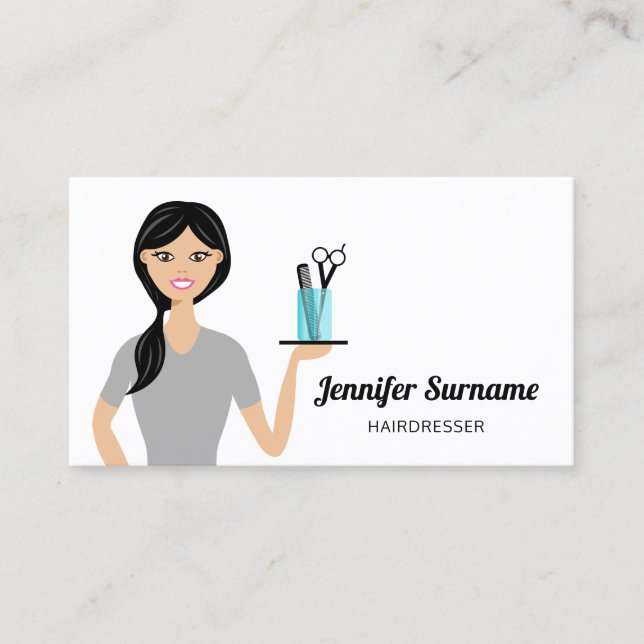 Cute Hairdresser Woman Illustration Hair Stylist Business Card (Front)