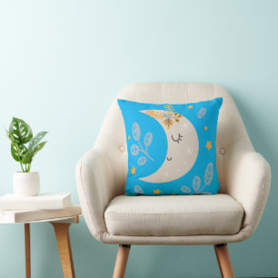 Cute Half moon blue background Cushion