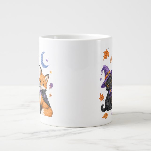 Cute Halloween Animals - Witch Black Cat Owl Fox P Large Coffee Mug (Front)