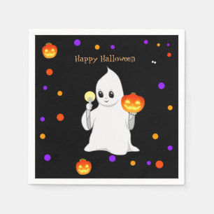 Cute Halloween Baby Ghost & Pumpkins on Black Napkin