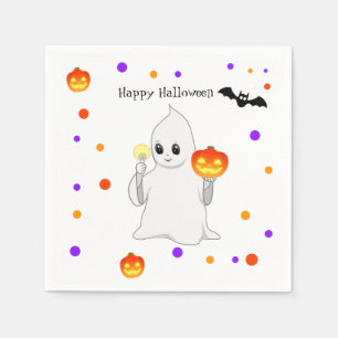 Cute Halloween Baby Ghost & Pumpkins on White Napkin