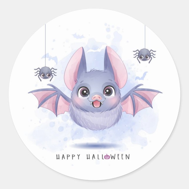 Cute Halloween Bat and Spiders Classic Round Sticker (Front)